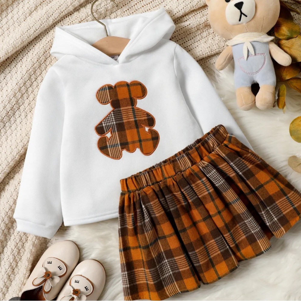 2-piece Toddler Girl Bear Embroidered Hoodie& Plaid Skirt Set size 3Y orange